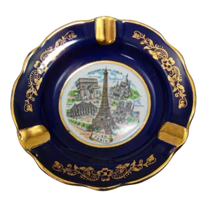 Limoges France Porcelain Dish Ashtray Souvenir of Paris Cobalt Blue and 24k Gold