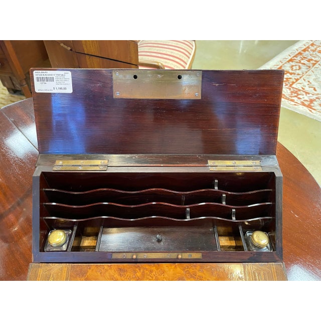 Vintage Burlwood Portable Writing Desk With Inlaid Medallion For Sale - Image 4 of 7