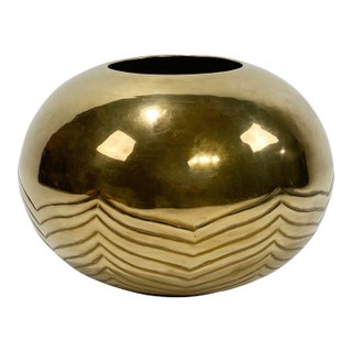 Vintage Postmodern Style Round Etched Brass Planter or Vase For Sale