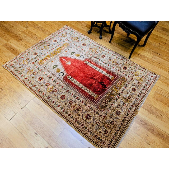 Antique Turkish Silk Prayer Area Rug, Late 19th Century, Red & Gold, 4' x 6' For Sale In Chicago - Image 6 of 16