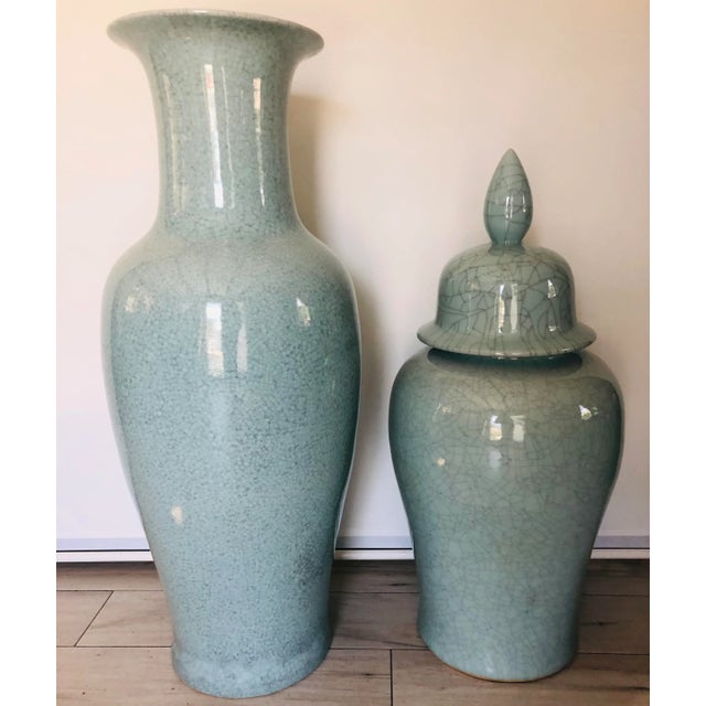 Vintage Extra Large Chinese Celadon Crackle-Glazed Altar Vase With Flaring Neck and Matching Ginger Jar- 2 Pieces For Sale - Image 12 of 12