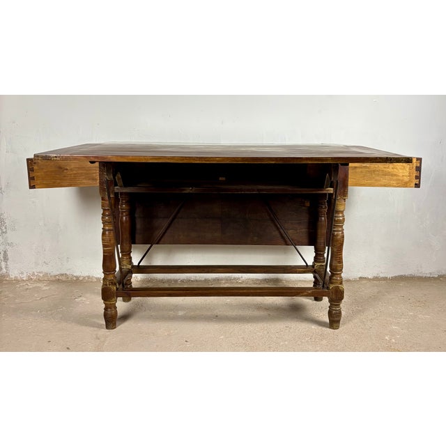 20th Century Spanish Wooden Drop-Leaf Dining Table, 1910 For Sale - Image 4 of 14