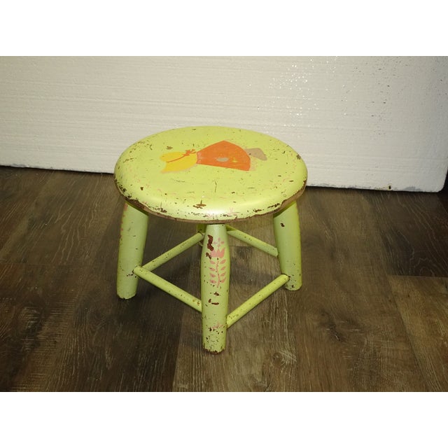 Vintage French Country Lime Green Rustic Footstool Stool W a Child Pictured For Sale In Los Angeles - Image 6 of 16
