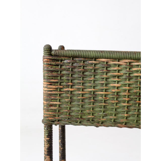 Wood Antique Green Painted Wicker Jardinière Planter With Metal Liner For Sale - Image 7 of 17