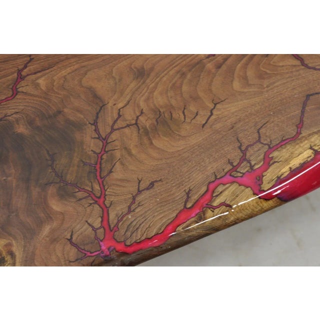 Live Edge Black Walnut Surfboard Coffee Table Red Resin Lacquer Hairpin Legs For Sale In Philadelphia - Image 6 of 11