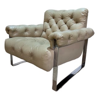 1970s Mid Century Chrome Flat Bar Tufted Chair For Sale