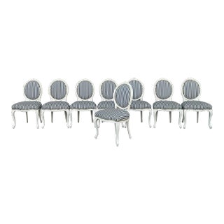 Hollywood Regency Blue and White Striped High Gloss Louis XV Dining Chairs-Set of 8 For Sale
