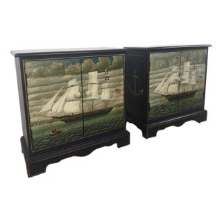 Pair of Hand-Painted Nautical Cabinets, Clipper Ship & Compass Rose Design For Sale
