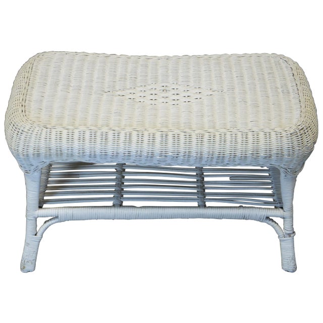 Boho Chic Vintage White Wicker Rattan Two Tier Cocktail Table For Sale - Image 3 of 13