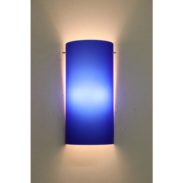 A.Toso Tube Wall Light Murano "Incamiciato" Blue Glass, White Interior, Satin Finish. Dimensions: Width 5 3/4" Depth 2...