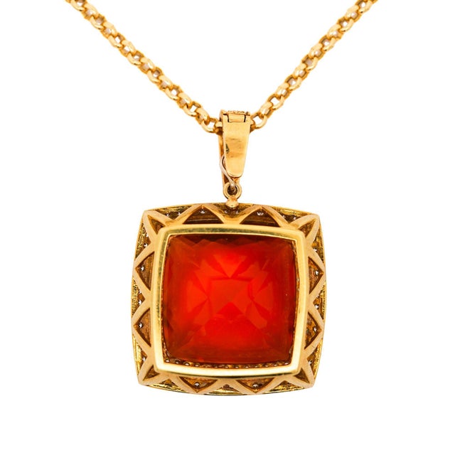 1980s Gia Certified 20.61 Carat Orange Opal 18k Gold Diamond Pendant Necklace For Sale - Image 5 of 12