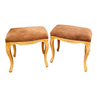 French Suede Leather Ottomans, a Pair For Sale