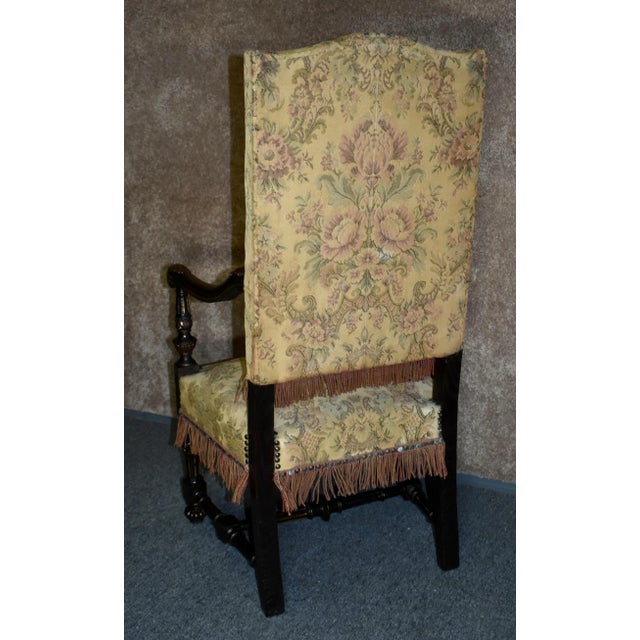 Antique Carved Oak Armchair Tudor Jacobean Style High Back Tapestry Fringe 1920s For Sale - Image 10 of 13