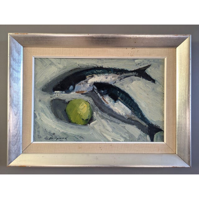 FISH & APPLE Size: 16.1 x 22 inches (including frame) Oil on board An expressionist modernist style mid-century still life...