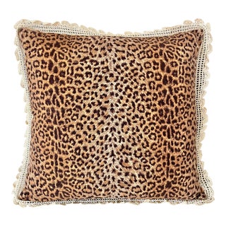 Vintage Velveteen Leopard Pillow With Crochet Border For Sale