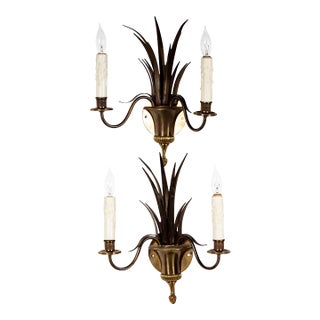 Pair of Maison Charles Brass Palm Leaf Light Sconces - Hollywood Regency For Sale