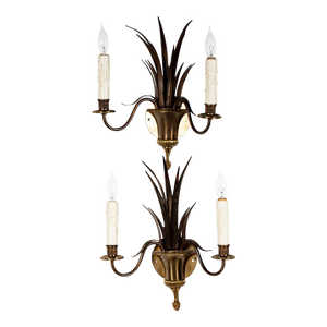 Pair of Maison Charles Brass Palm Leaf Light Sconces - Hollywood Regency