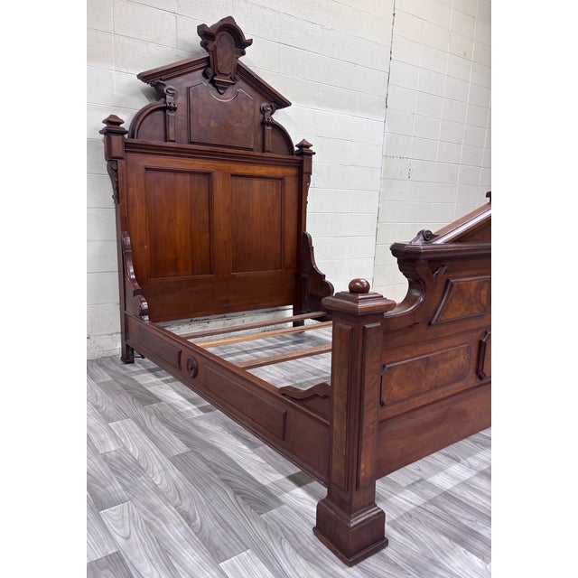 Antique Full Size Victorian Monumental Carved Walnut Burl Wood Bed For Sale - Image 4 of 13