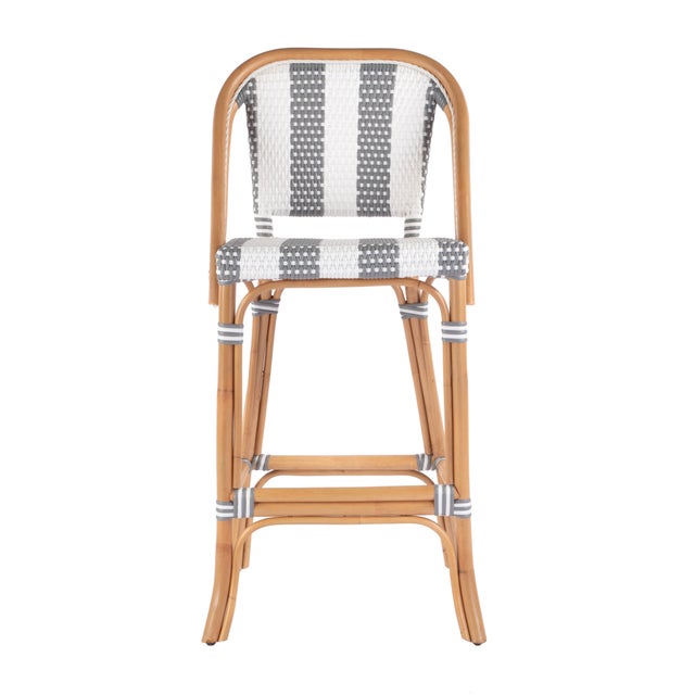 2020s Lila Rattan 28 in. Seat Height Bar Stool with Back and Footrest, Gray/White Stripe/ Natural Rattan Frame For Sale - Image 5 of 9