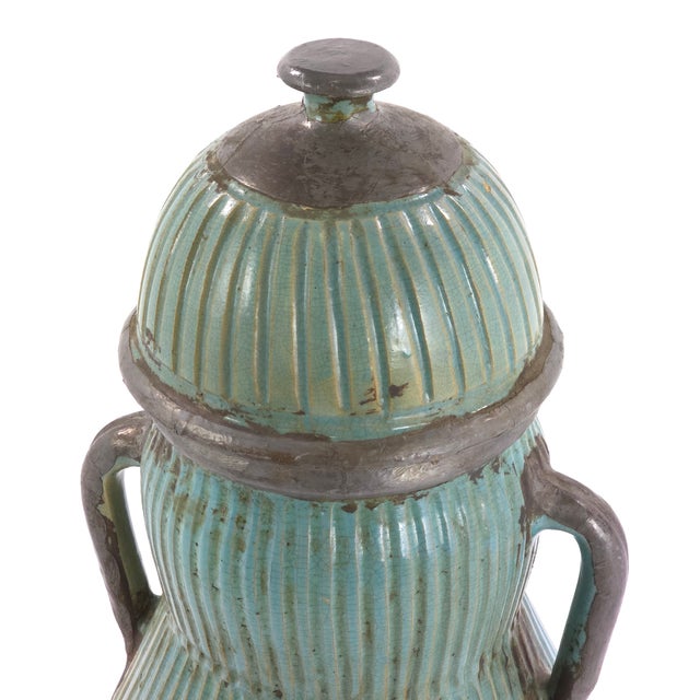 Mid 20th Century Pair Large Moroccan Turquoise Crackle Glaze Lidded Ceramic Urns For Sale - Image 5 of 12