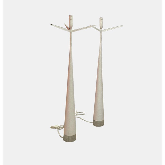 Metal Pair Floor Lamps Attributed to Barry Dixon for Arteriors, Ivory With Chrome Base For Sale - Image 7 of 7