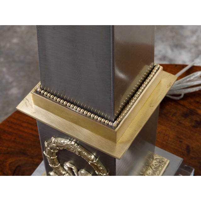 Metal Pair of French Midcentury Steel and Brass Truncated Obelisk Table Lamps For Sale - Image 7 of 10