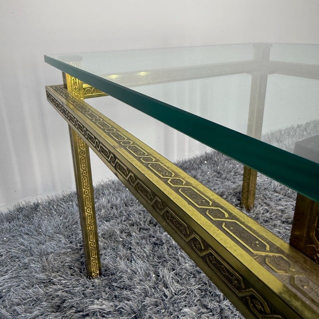 Hollywood Regency Side Table in Engraved Brass and Glass, 1970s For Sale - Image 6 of 13