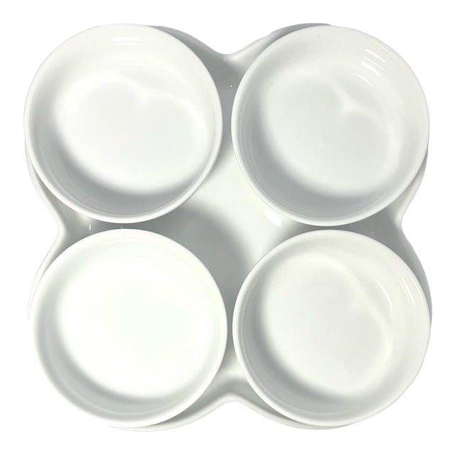 Crate & Barrel 5-Piece White Porcelain Tray & Dipping Sauce Appetizer Bowls For Sale