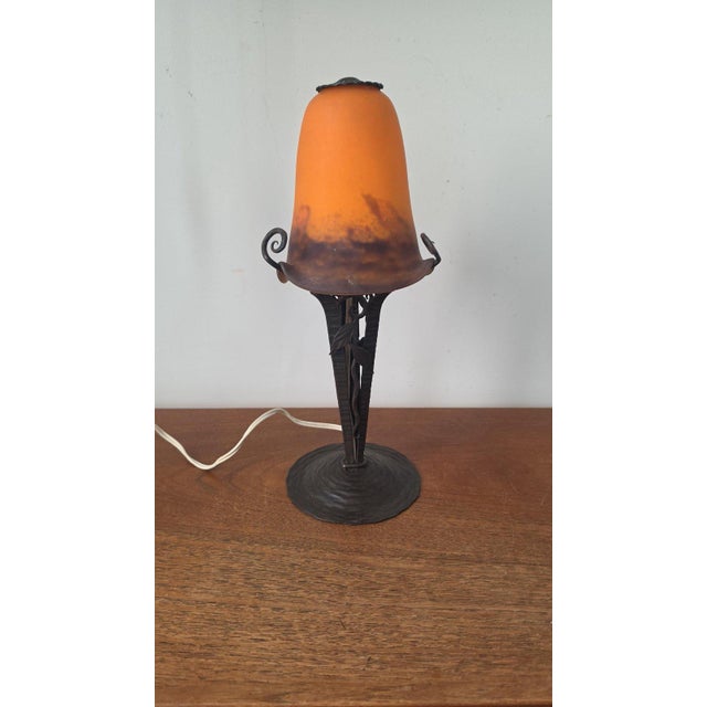 1930s 1930s Degué Art Deco Table Lamp Signed French Glass Wrought Iron Orange Accent Light Antique French Lighting For Sale - Image 5 of 15