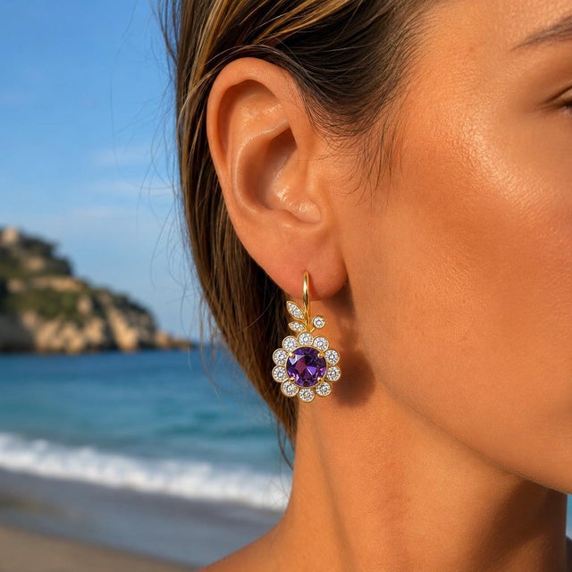 Art Nouveau Amethyst Flower and Leaf Drop Earrings, Silver, Gold, Pair For Sale - Image 9 of 10