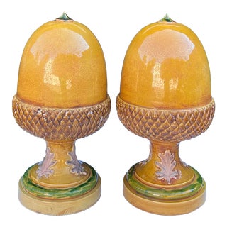 Pair of Huge Acorn Form Majolica Pottery Finials - a Pair For Sale