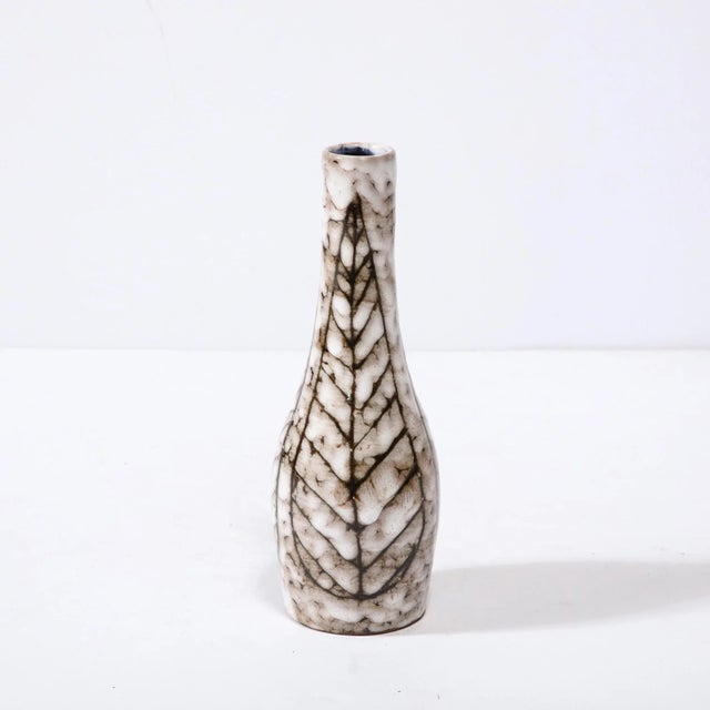 White Mid-Century Modernist White and Earth Toned Tapered Ceramic Vase With Leaf Motif For Sale - Image 8 of 13