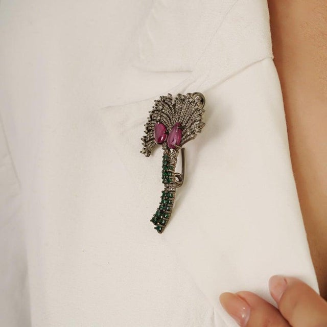 Art Deco Inspired Ruby, Emerald & Diamond Oxidised Brooch Pendant in Silver For Sale - Image 10 of 13
