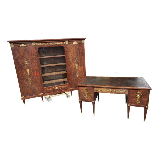 French Louis XVI Style Mahogany Office Suite – Desk & Bookcase Cabinet W/ Ormolu Urn Mounts For Sale