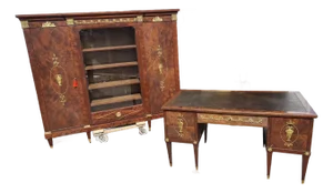 French Louis XVI Style Mahogany Office Suite – Desk & Bookcase Cabinet W/ Ormolu Urn Mounts