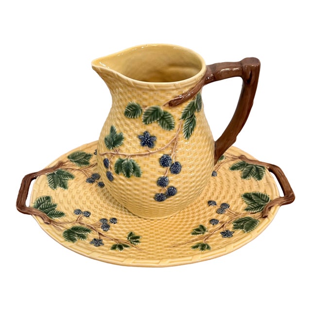 Vintage Tiffany & Co. Blackberry Majolica Pitcher & Tray Set - Portugal Basketweave For Sale