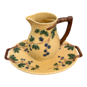 Vintage Tiffany & Co. Blackberry Majolica Pitcher & Tray Set - Portugal Basketweave