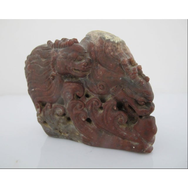 Stone Chinese Red Shoushan Double Dragon Sculpture Carving For Sale - Image 7 of 8