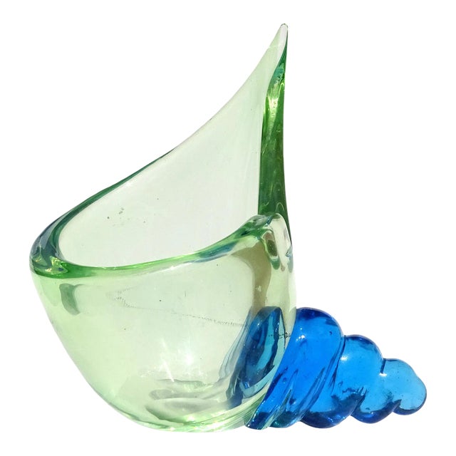 Vintage Murano Bright Green Electric Blue Italian Art Glass Mid Century Sculptural Seashell Ashtray For Sale