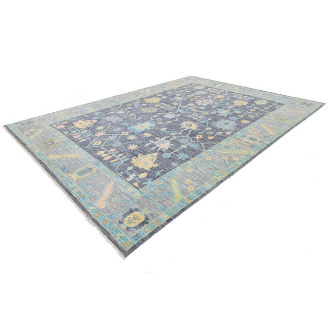 Modern Oushak Style Hand-Knotted Wool Area Rug in Charcoal, Sky Blue & Pastel For Sale - Image 10 of 11