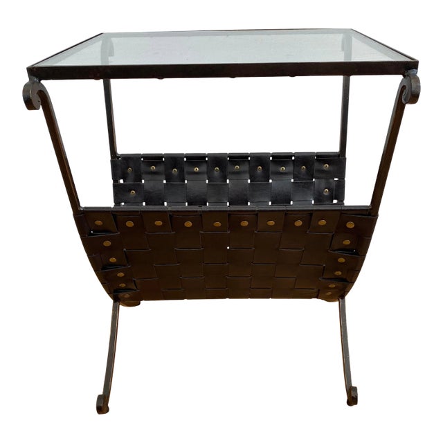 Contemporary Metal & Leather Magazine Rack Side Table | Chairish