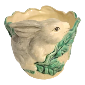 Vintage Double Rabbit Hand Painted Leaf Ceramic Cache Pot Holder