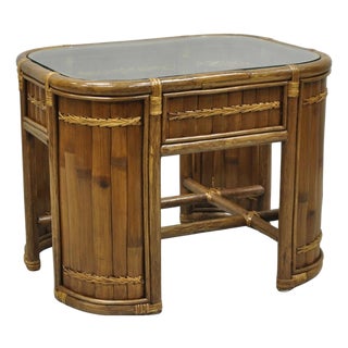 Vintage Hollywood Regency Bentwood Rattan Glass Top Beach House Side Table For Sale