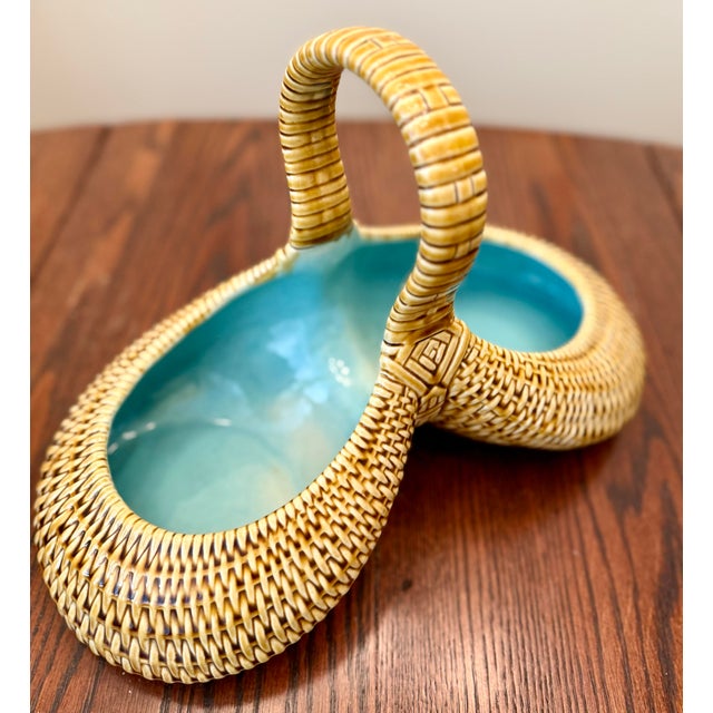 Sarraguemines Sarreguemines French Majolica Ceramic Trompe L’oeil Basket With Faux Bamboo Wicker Detailing and Blue Interior For Sale - Image 4 of 12