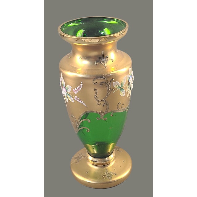 Vintage Bohemian Heavily Gilded High Enamel Floral Green Crystal Art Glass Vase For Sale - Image 9 of 11