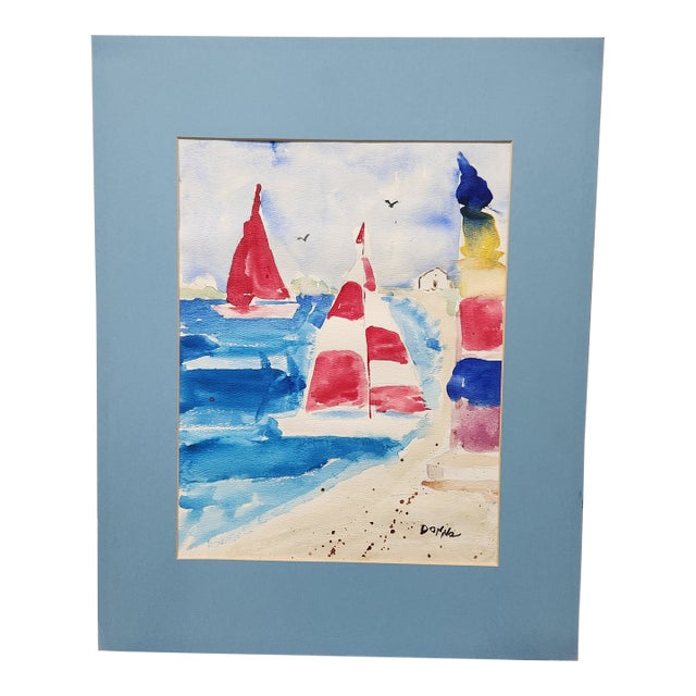 Original Nautical Watercolor Painting by Donna – Red and White Sailboats, Coastal Art, Late 20th Century For Sale