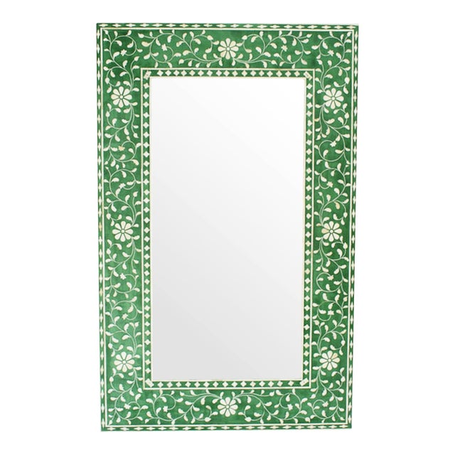 Vintage Green & White Floral Indian Boho Wall Mirror For Sale