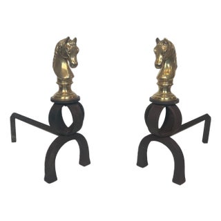 Important pair of bronze and wrought iron andirons representing horse heads For Sale