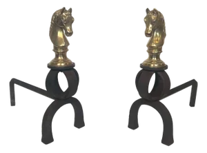 Important pair of bronze and wrought iron andirons representing horse heads