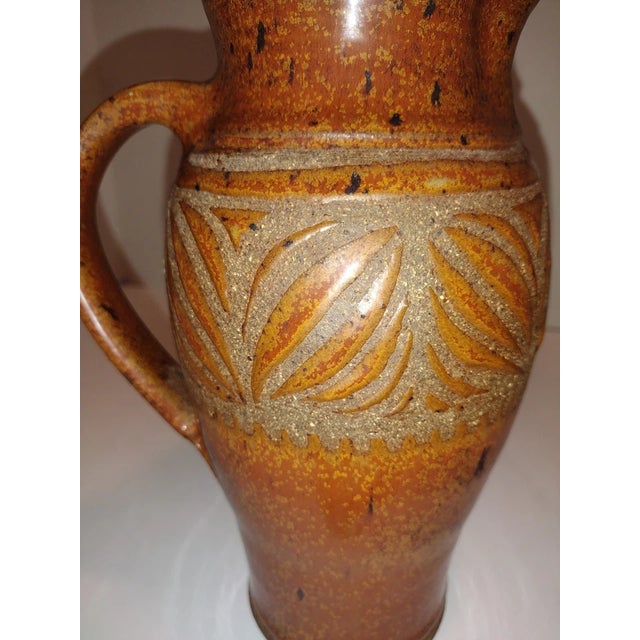 Studio Pottery Pitcher With Incised Leaf Decoration and a Speckled Glaze For Sale - Image 9 of 10